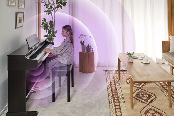 Onde sonore che si propagano da un pianoforte ARIUS in un soggiorno