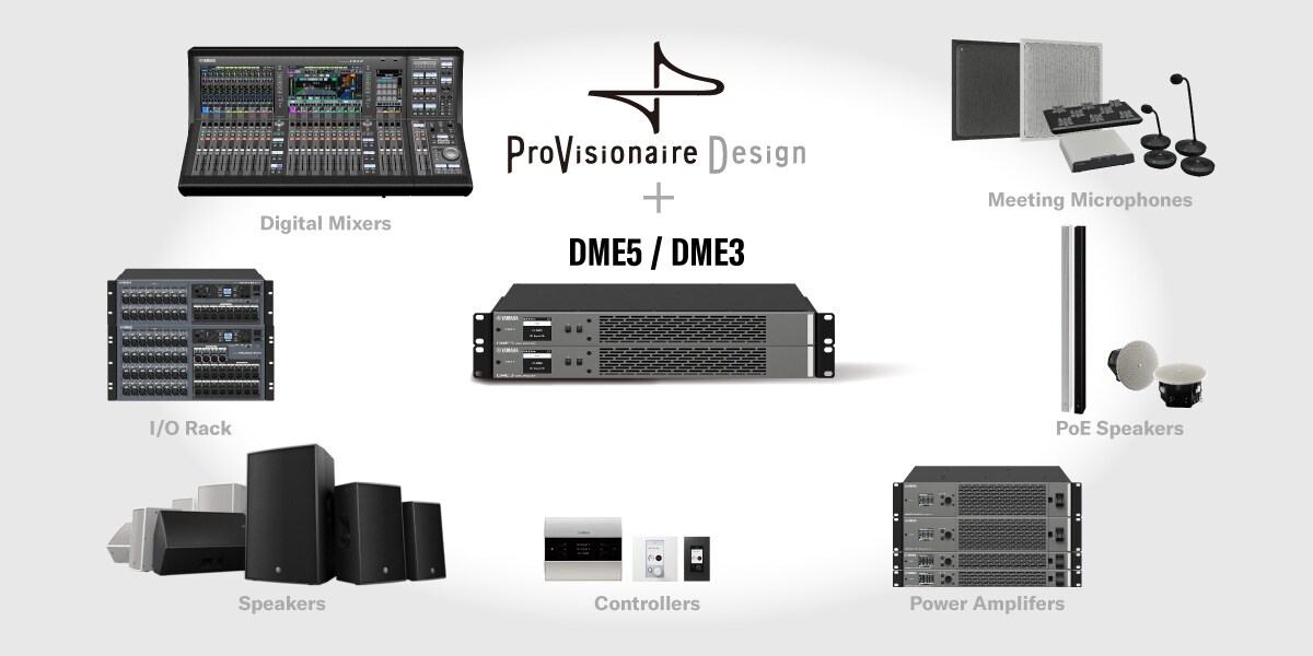 Illustrazione che mostra DME5/DME3 e ProVisionaire Design che operano congiuntamente come nucleo di un sistema, consentendo di configurare mixer digitali, rack I/O, diffusori, controller, amplificatori di potenza, diffusori PoE e microfoni collegati da un'unica posizione.