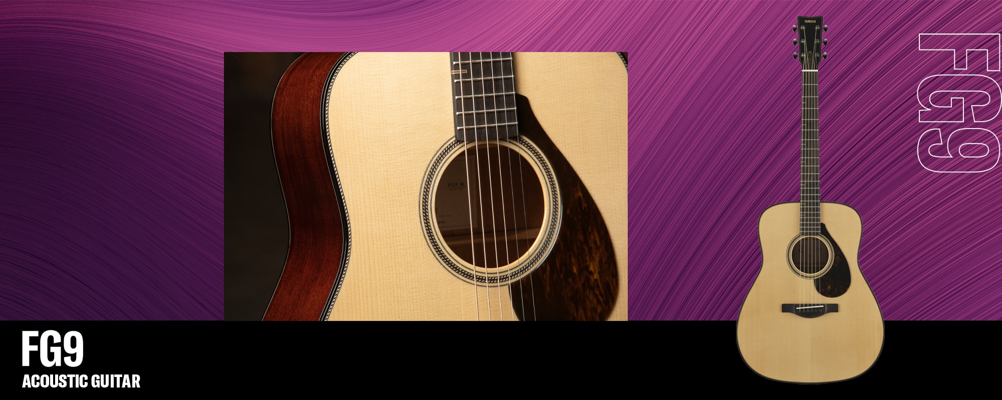 FG9 acoustic guitar. Close-up of soundhole, pickguard, & body side.  Also front-facing whole guitar.