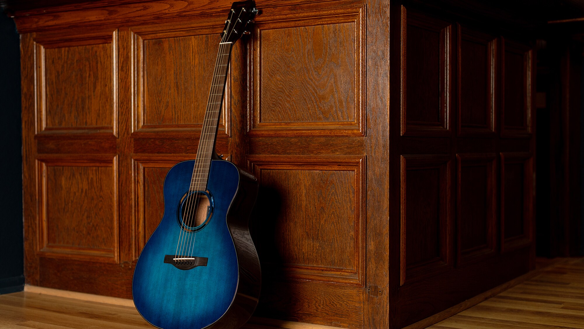 Una chitarra acustica TAS1 E in posizione verticale contro una parete marrone interna