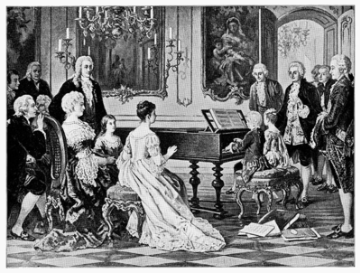 19th century drawing of Mozart and his sister performing for Empress