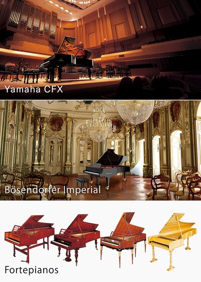 Photo collage of Yamaha CFX concert grand, Bösendorfer Imperial concert grand, and 4 fortepianos