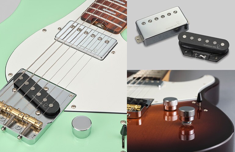 Primo piano dei pickup e della manopola del tono della Pacifica SC Standard Plus