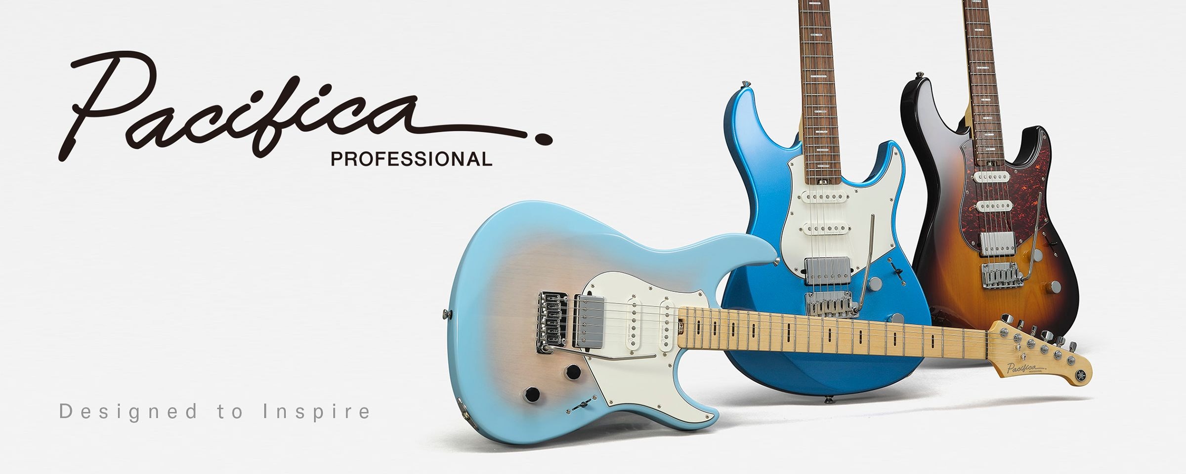 White background. Left: Pacifica professional logo & designed to inspire text. Right: 3 guitars