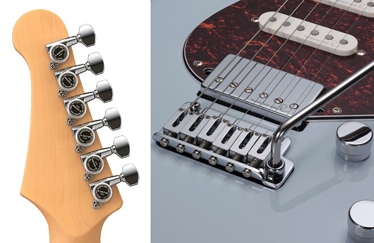 Primo piano del ponte, dei pickup e dei controlli della Yamaha Pacifica Standard Plus 12 Ice Blue