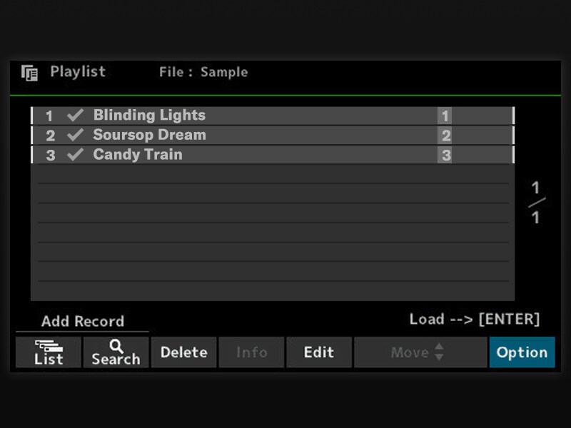 Schermata Playlist sulla PSR-SX620 per l'organizzazione di brani e impostazioni.