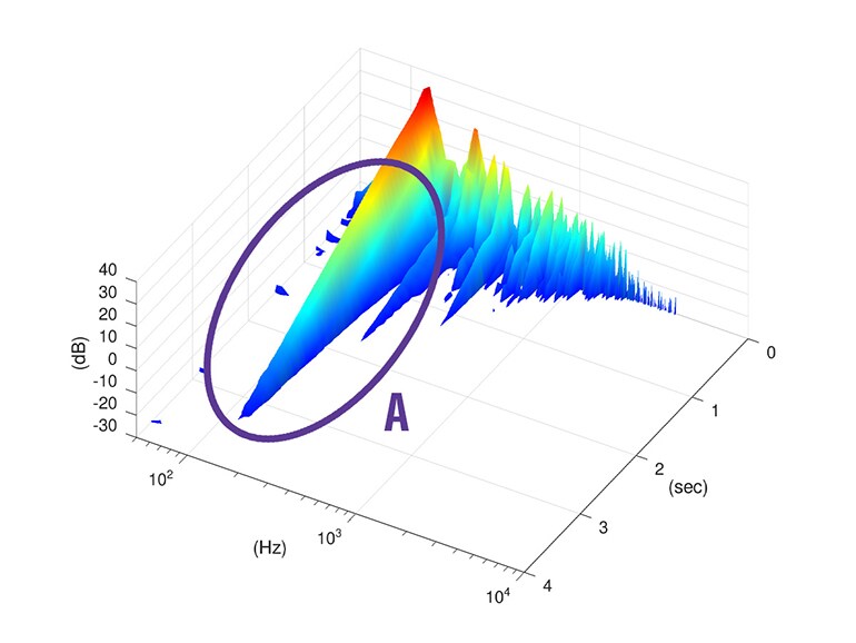Grafico delle caratteristiche acustiche del supporto per rullante dotato di supporti in gomma di nuova concezione. Mostra un maggiore sustain sulle basse frequenze.