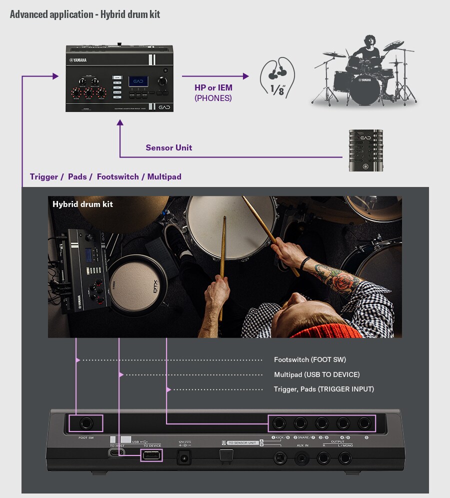 Diagramma che mostra una configurazione EAD20 espansa con pad e ingressi trigger aggiuntivi.