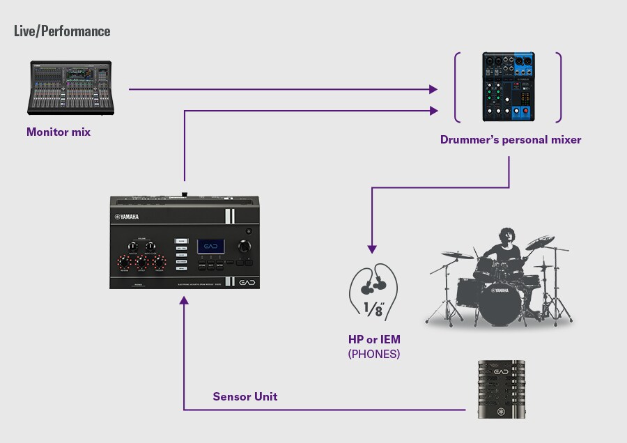 Diagramma che mostra l'EAD20 collegato a un impianto audio dal vivo per l'esibizione sul palco e il monitoraggio.