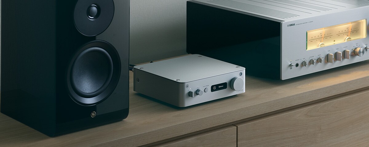Streamer compatto Yamaha WXC-70A collegato all'amplificatore integrato A-S3200, a sua volta collegato ai diffusori NS-600A.