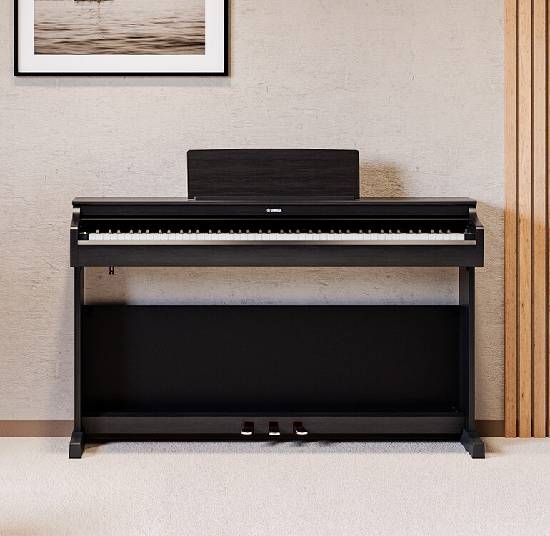 Un soggiorno con un pianoforte ARIUS nero, piante da appartamento e un divano, armoniosamente integrati con l’arredamento