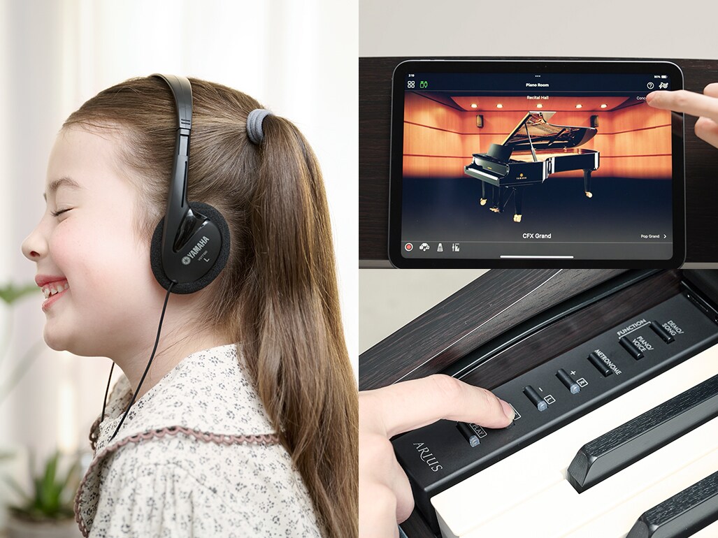 Esercitarsi sul pianoforte digitale con le cuffie, visualizzando lo schermo dell’app Smart Pianist e registrando tramite i controlli integrati del pianoforte.