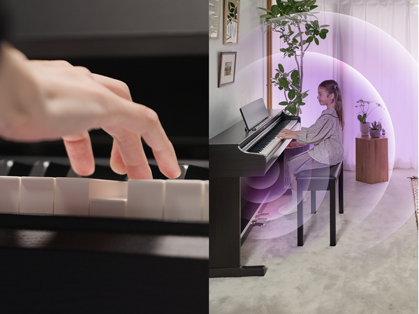 Il tocco espressivo della nuova tastiera ARIUS e onde sonore che si propagano da un pianoforte ARIUS in un soggiorno