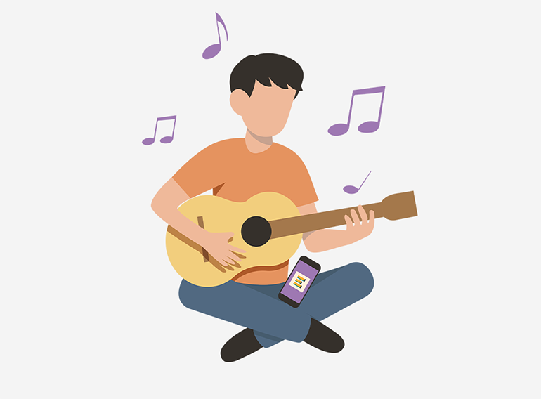 Un uomo usa l'app di esercitazione musicale Extrack per esercitarsi con le partiture