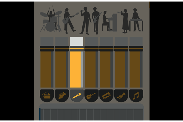 La schermata di una fonte audio separata in diverse parti quali chitarra, voce, batteria, basso, pianoforte e strumenti a fiato.